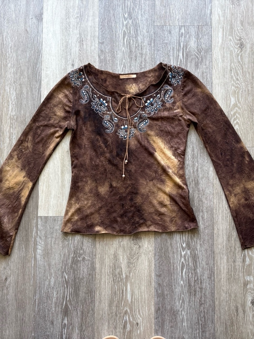 Vintage Forever 21 Boho Fairy Grunge Tie Dye Beaded Bell Sleeve Top Size XS